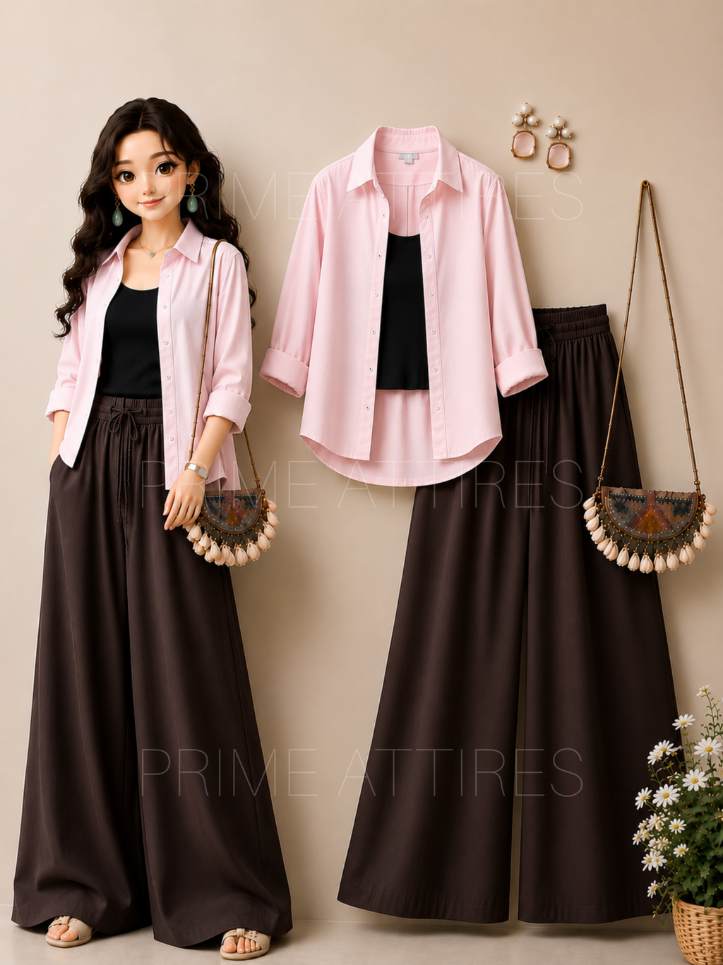 PINK BUTTON DOWN SHIRT + BLACK INNER & BROWN FLAPPER TROUSER
