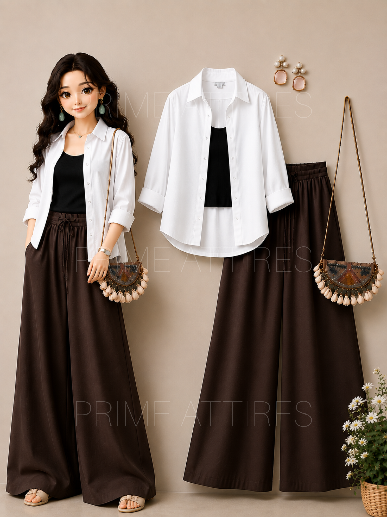 WHITE BUTTON DOWN SHIRT + BLACK INNER & BROWN FLAPPER TROUSER