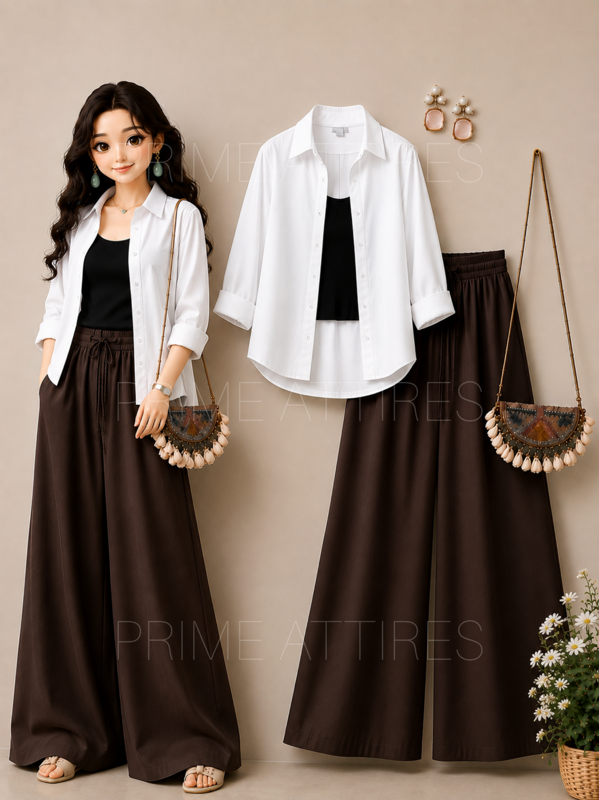 WHITE BUTTON DOWN SHIRT + BLACK INNER & BROWN FLAPPER TROUSER