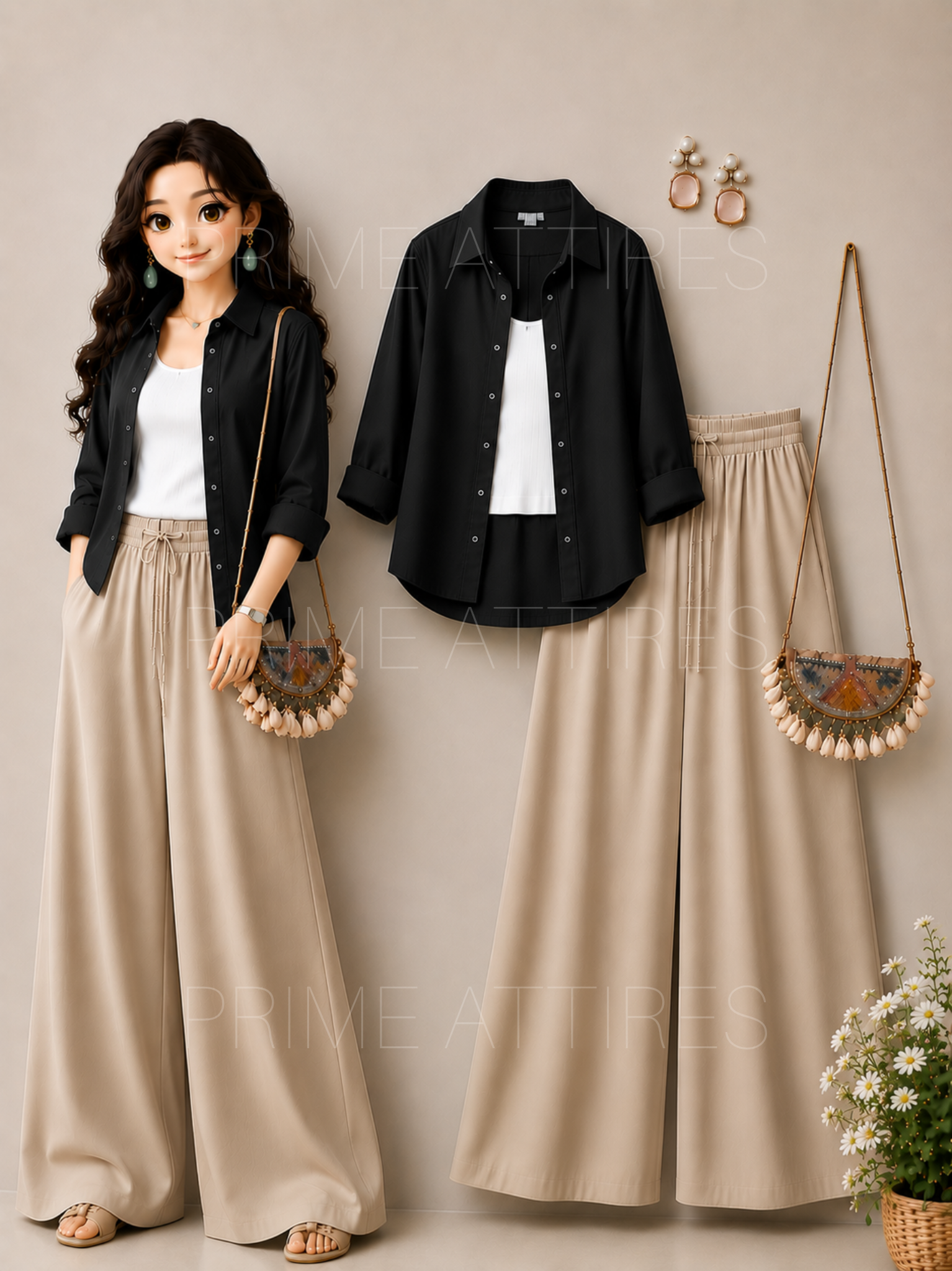 BLACK BUTTON DOWN SHIRT + WHITE INNER & BEIGE FLAPPER TROUSER