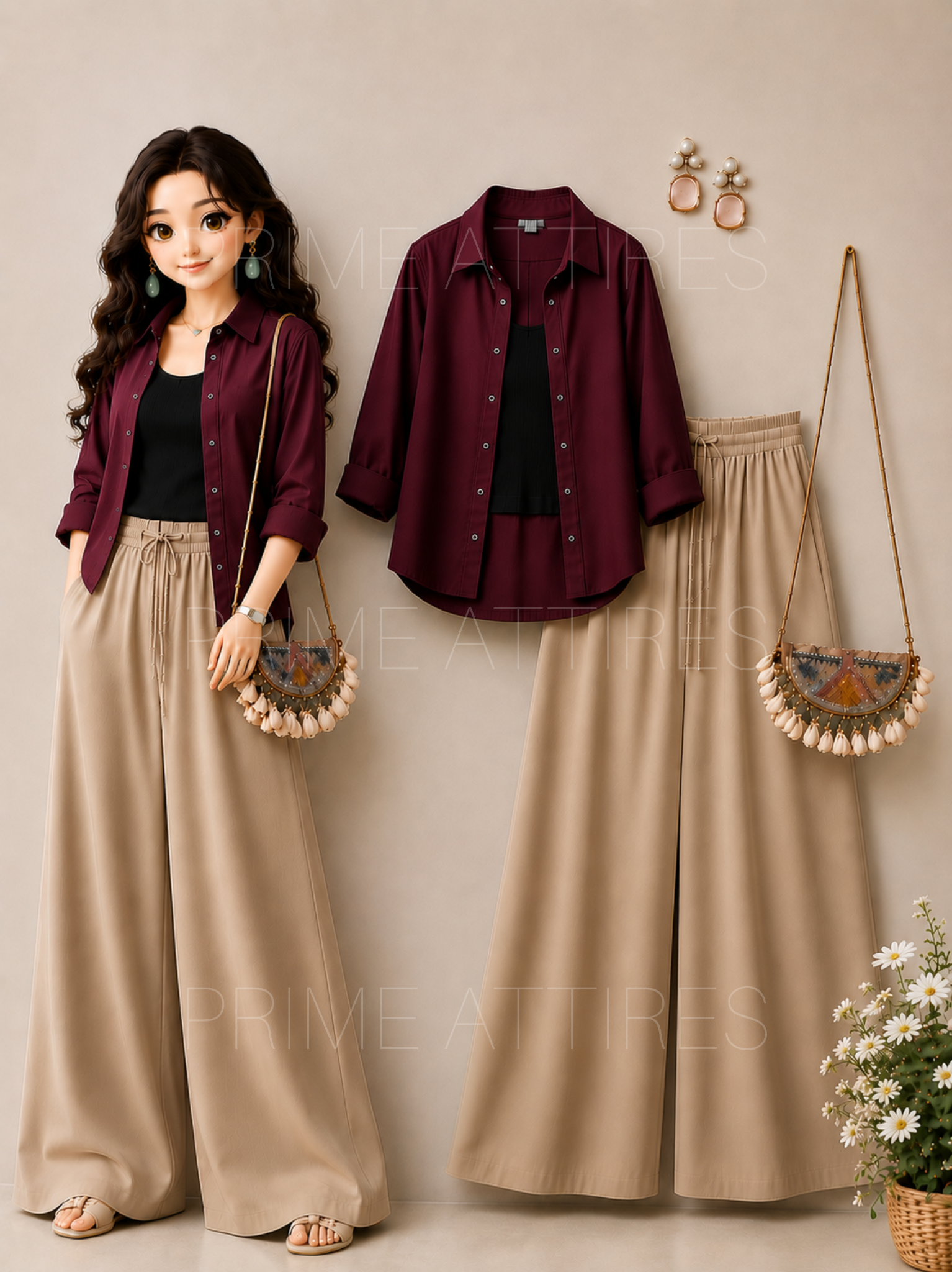 MAROON BUTTON DOWN SHIRT + BLACK INNER & BEIGE FLAPPER TROUSER