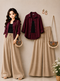 MAROON BUTTON DOWN SHIRT + BLACK INNER & BEIGE FLAPPER TROUSER