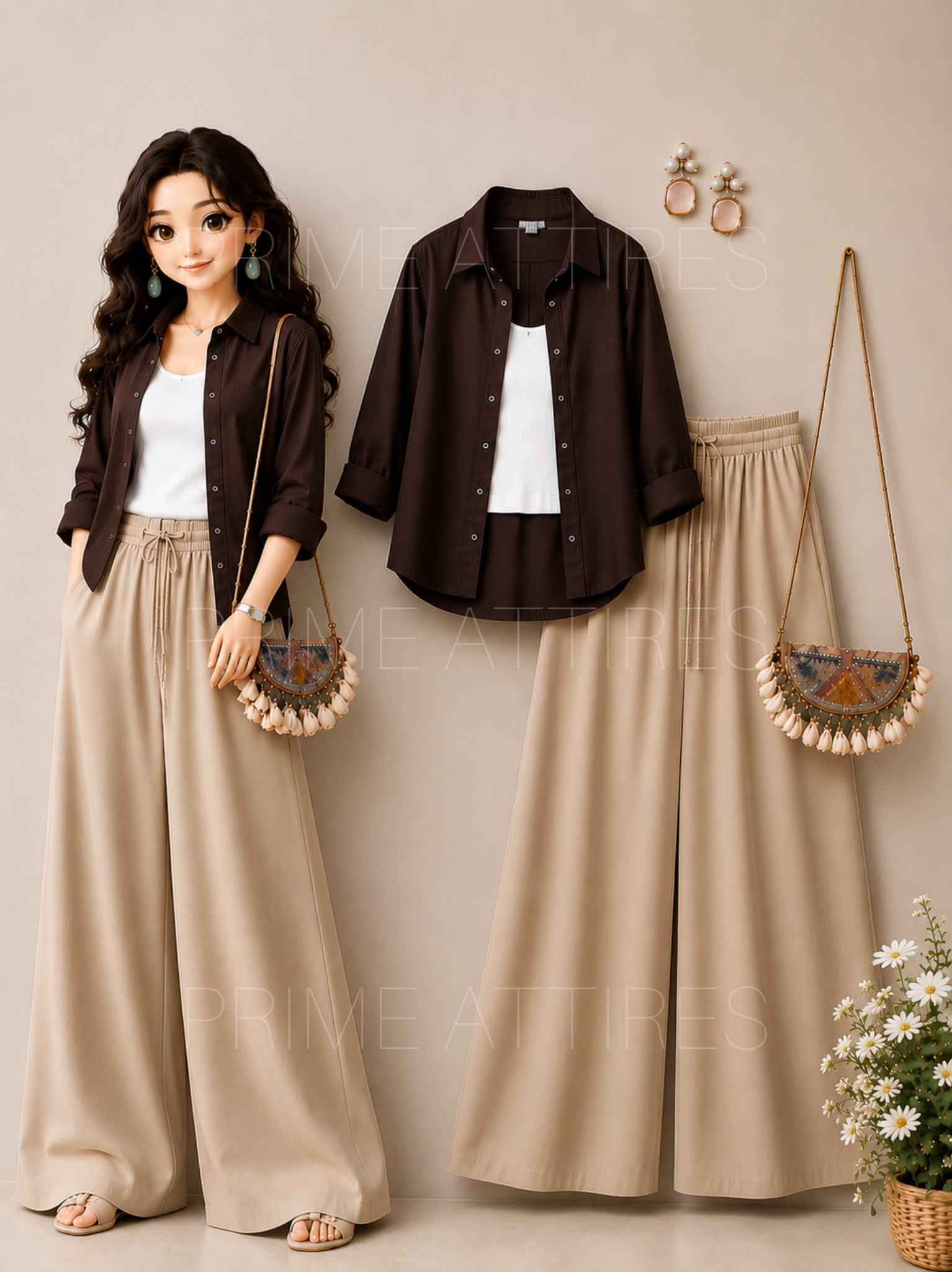 BROWN BUTTON DOWN SHIRT + WHITE INNER & BEIGE FLAPPER TROUSER