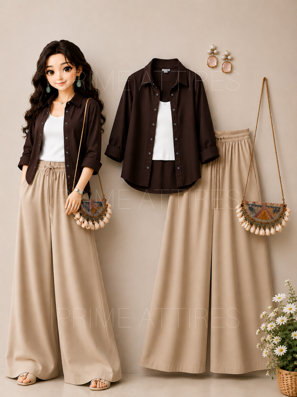 BROWN BUTTON DOWN SHIRT + WHITE INNER & BEIGE FLAPPER TROUSER