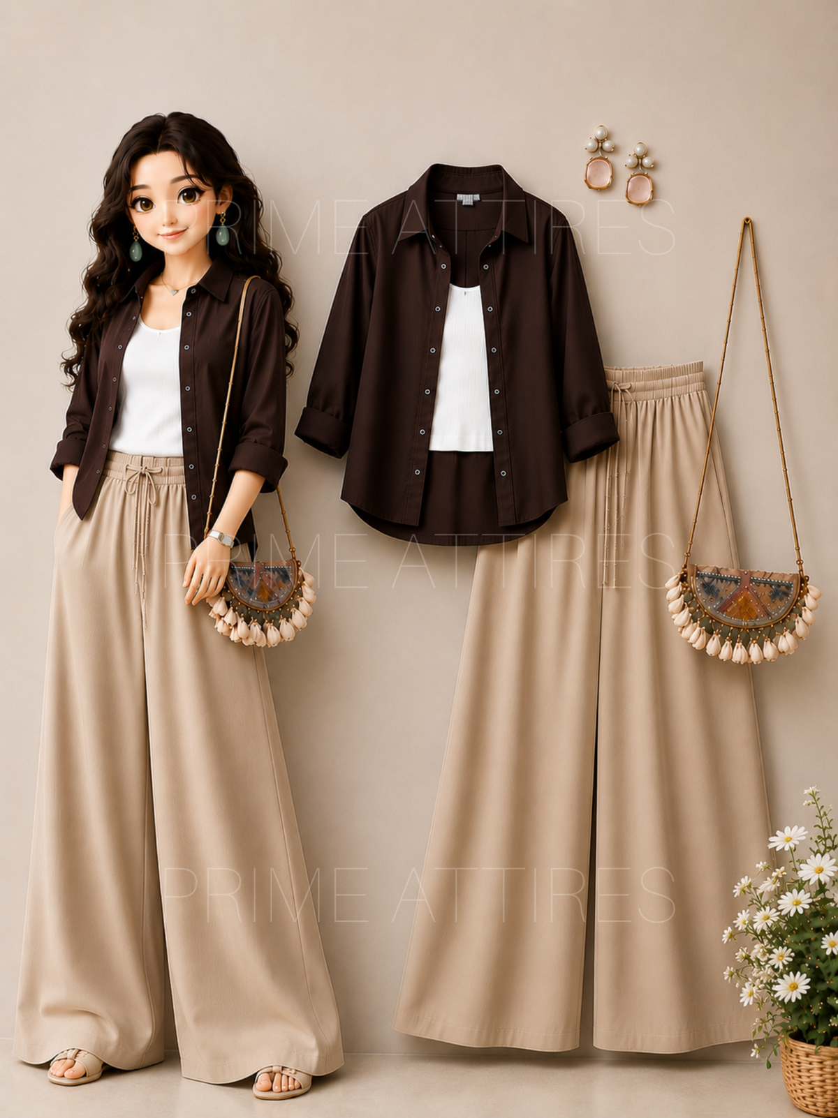 BROWN BUTTON DOWN SHIRT + WHITE INNER & BEIGE FLAPPER TROUSER