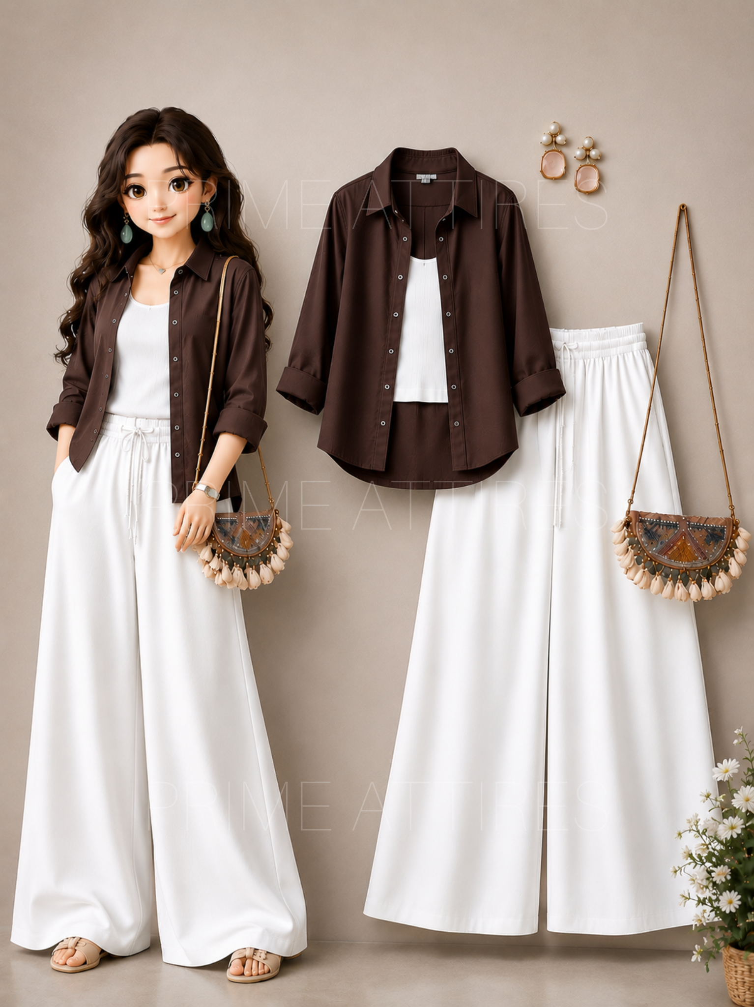 BROWN BUTTON DOWN SHIRT + WHITE INNER & WHITE FLAPPER TROUSER