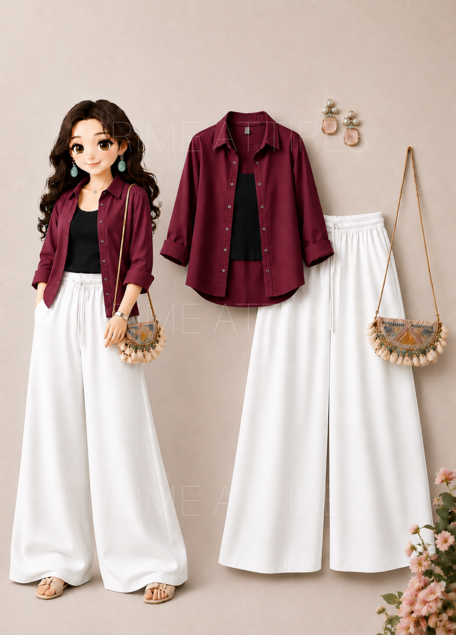 MAROON BUTTON DOWN SHIRT + BLACK INNER & WHITE FLAPPER TROUSER