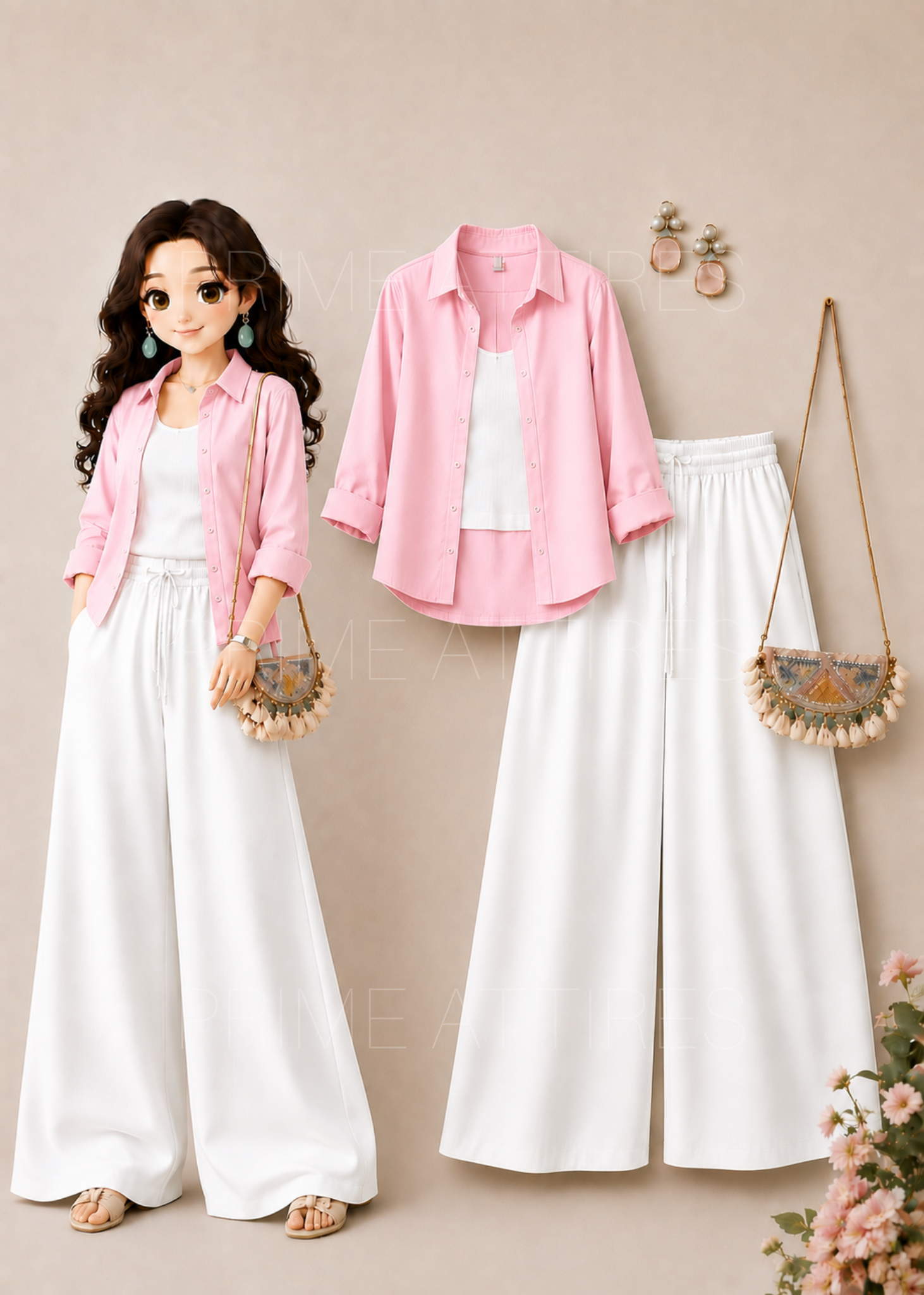 PINK BUTTON DOWN SHIRT + WHITE INNER & WHITE FLAPPER TROUSER