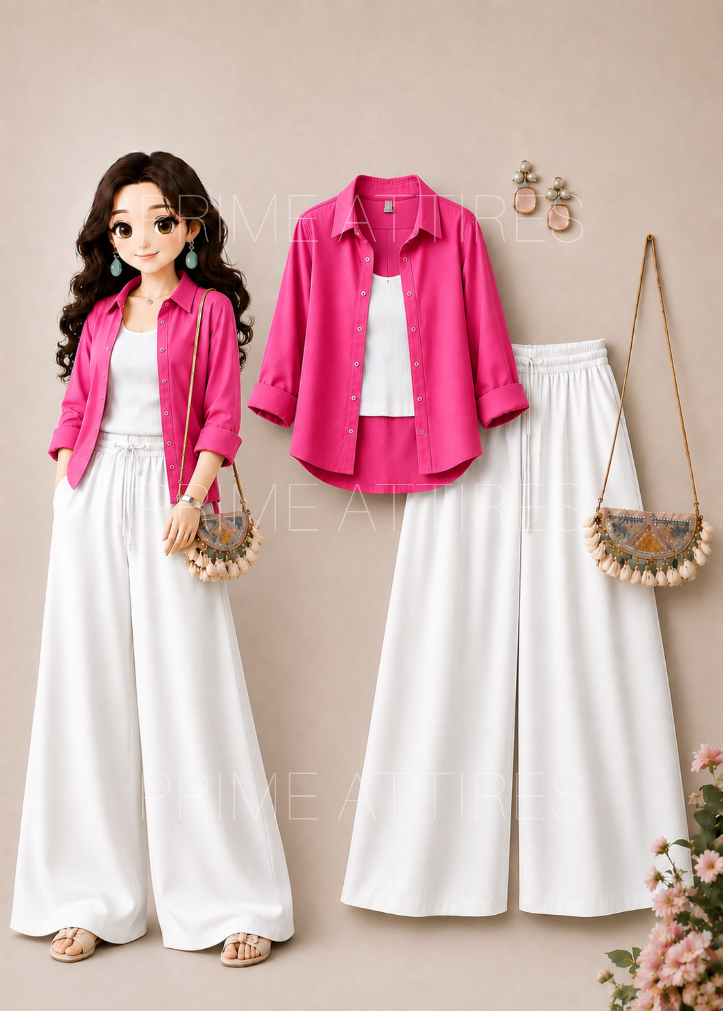 HOT PINK BUTTON DOWN SHIRT + WHITE INNER & WHITE FLAPPER TROUSER