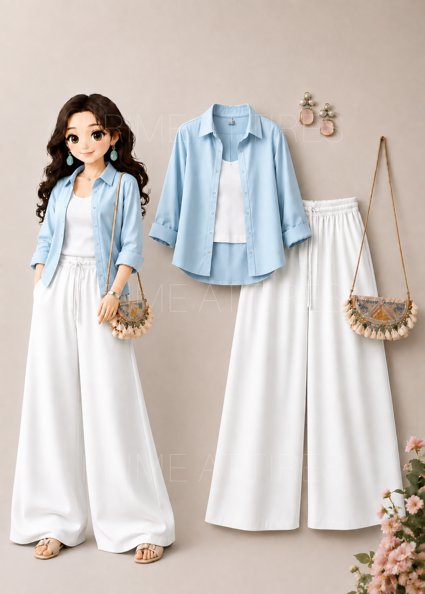 SKY BLUE BUTTON DOWN SHIRT + WHITE INNER & WHITE FLAPPER TROUSER