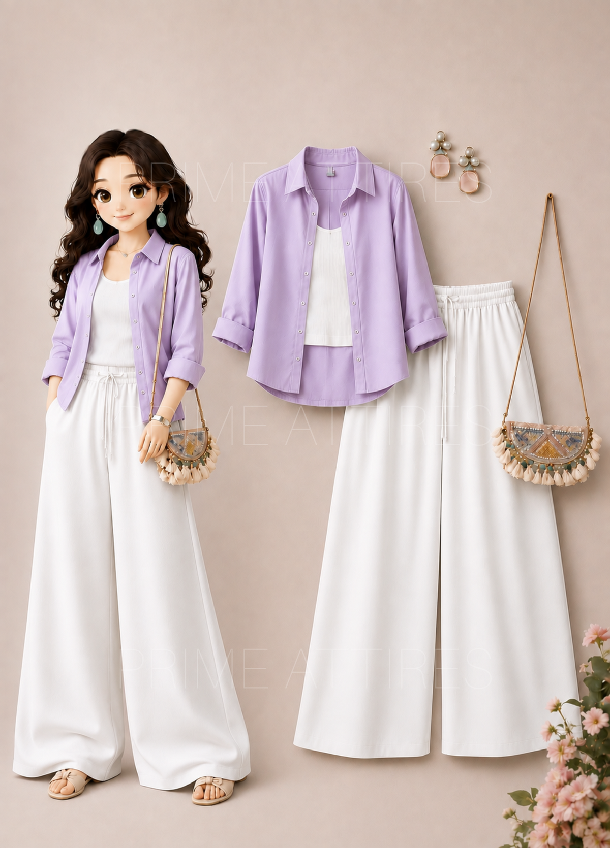 LILAC BUTTON DOWN SHIRT + WHITE INNER & WHITE FLAPPER TROUSER