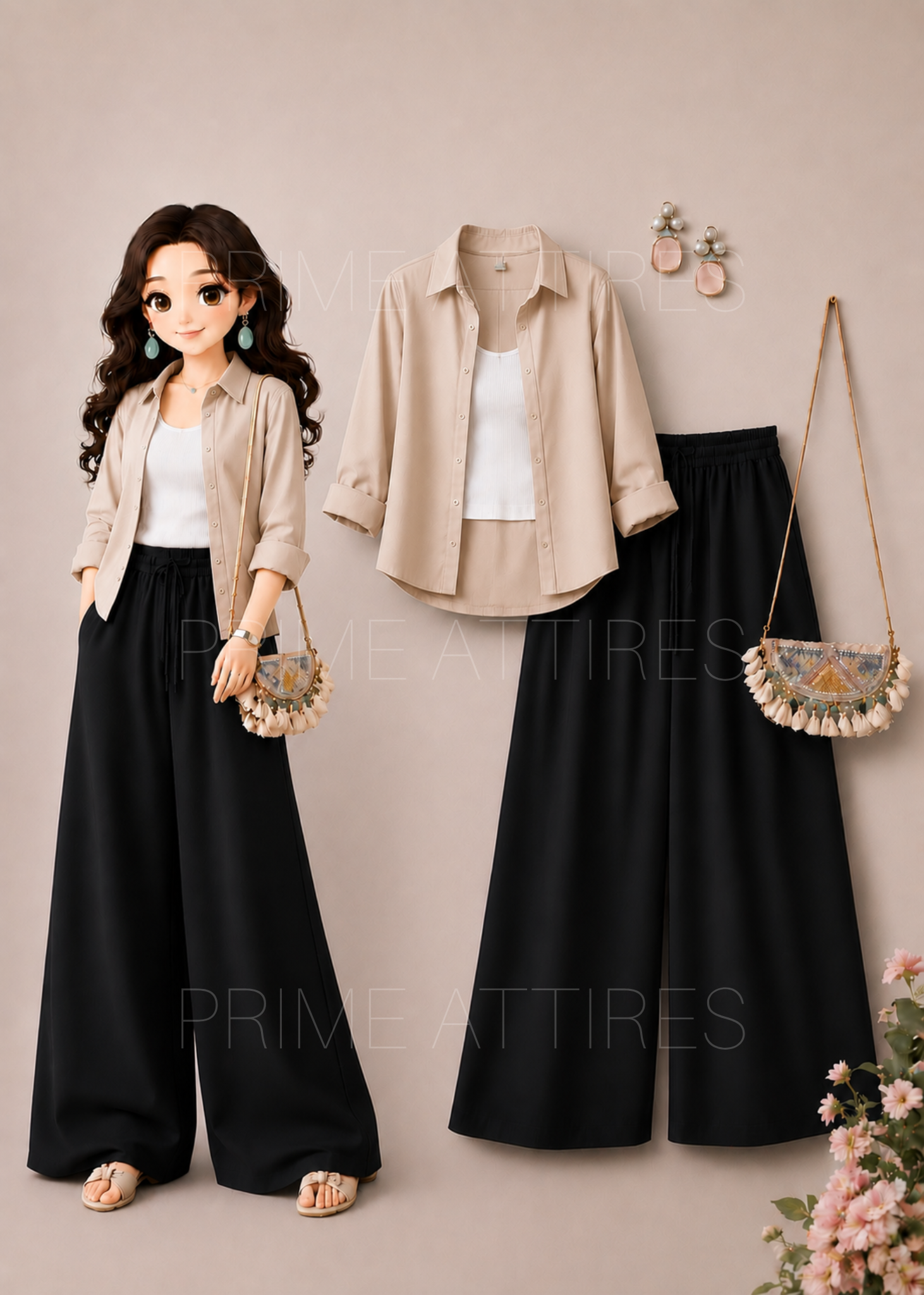 BEIGE BUTTON DOWN SHIRT + WHITE INNER & BLACK FLAPPER TROUSER