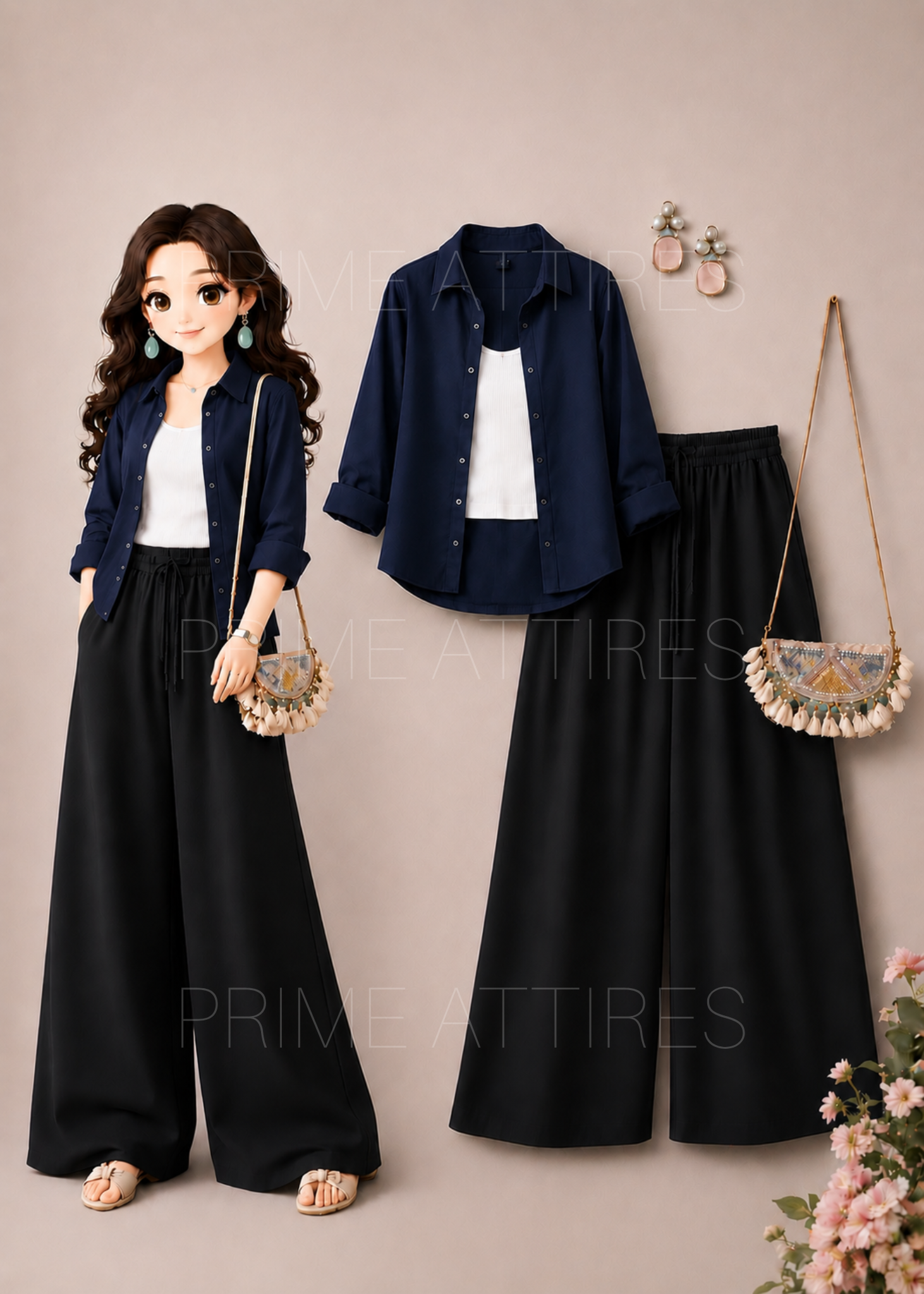NAVY BLUE BUTTON DOWN SHIRT + WHITE INNER & BLACK FLAPPER TROUSER