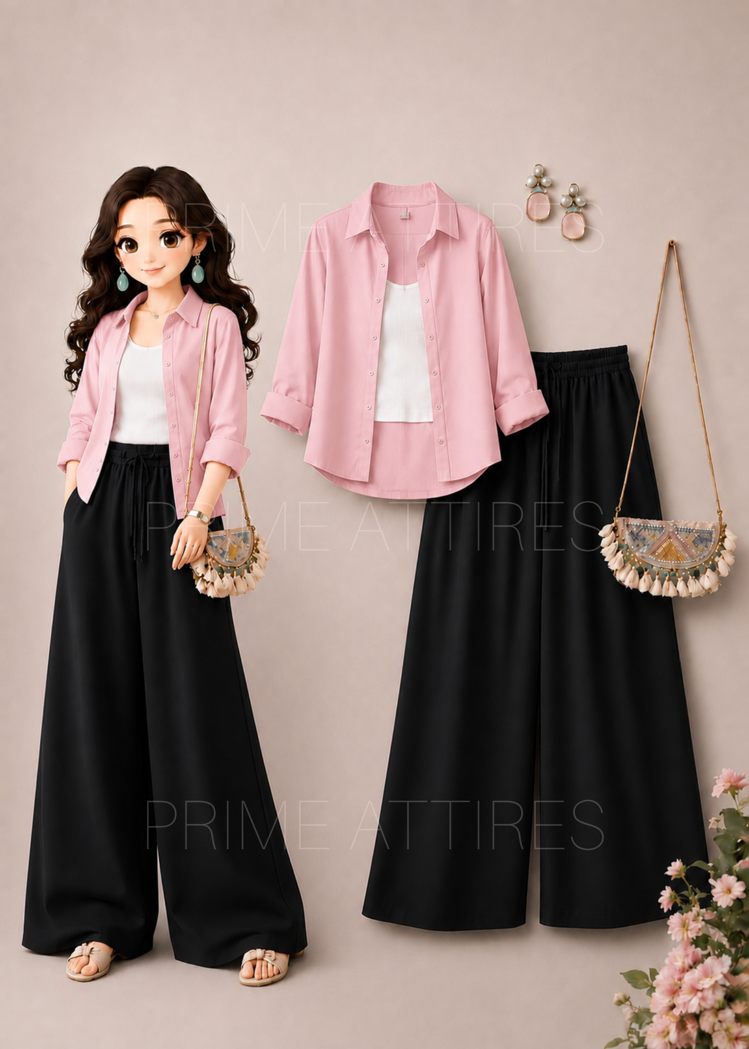 PINK BUTTON DOWN SHIRT + WHITE INNER & BLACK FLAPPER TROUSER