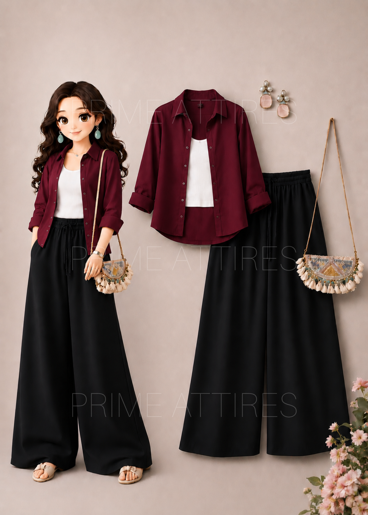 MAROON BUTTON DOWN SHIRT + WHITE INNER & BLACK FLAPPER TROUSER