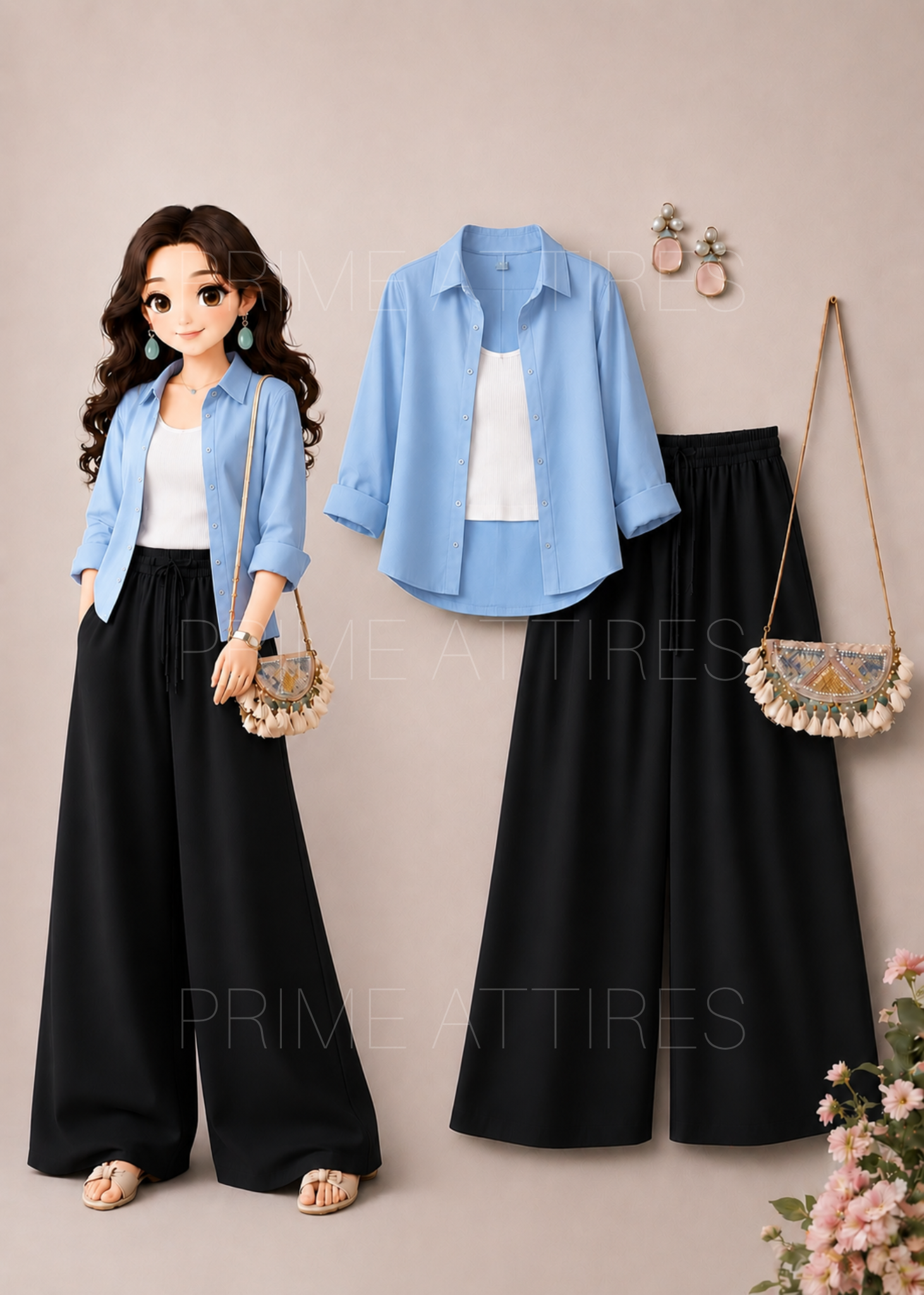SKY BLUE BUTTON DOWN SHIRT + WHITE INNER & BLACK FLAPPER TROUSER