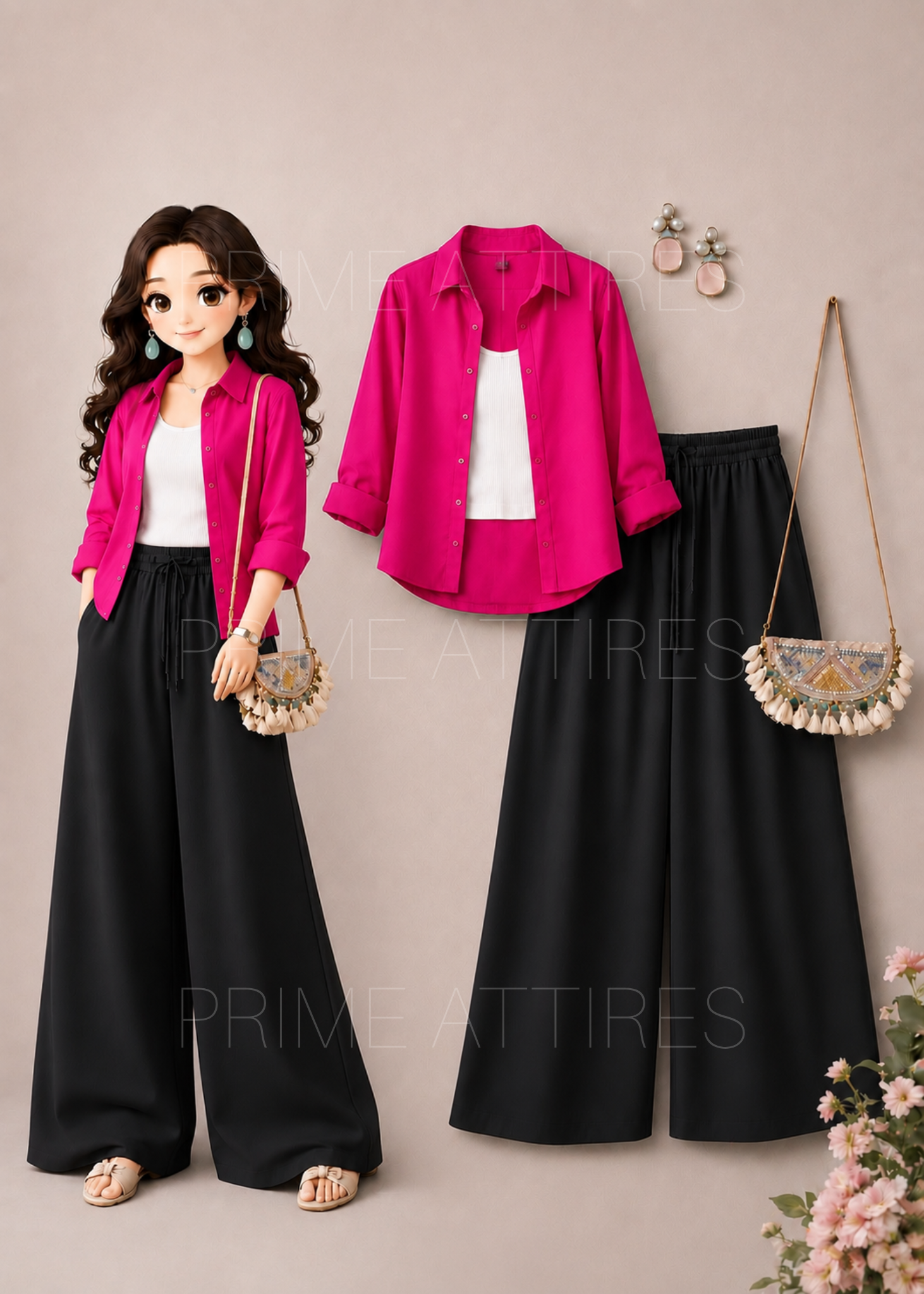 HOT PINK BUTTON DOWN SHIRT + WHITE INNER & BLACK FLAPPER TROUSER