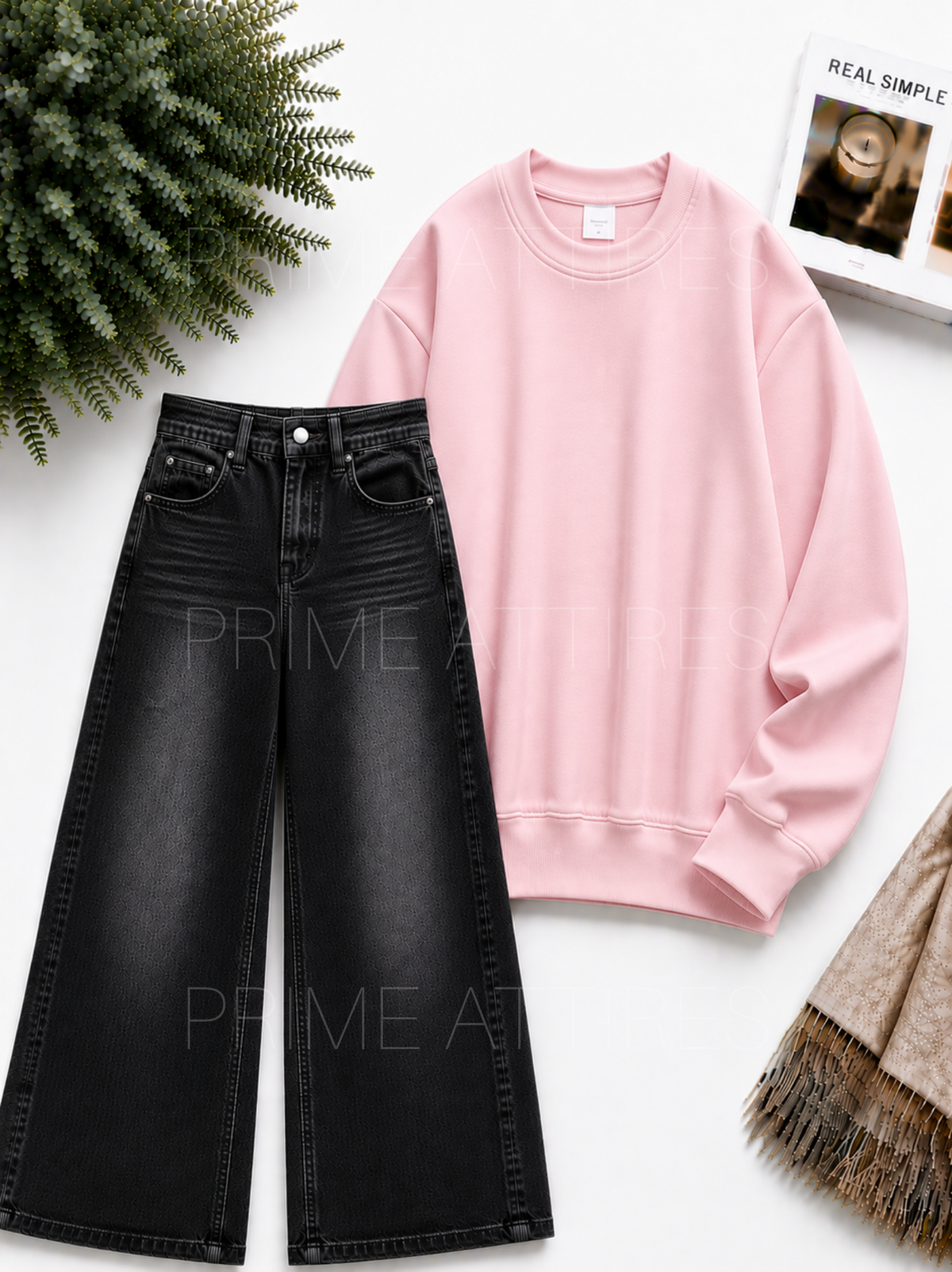 BLACK WASHED WIDE LEG JEANS & SWEATSHIRT