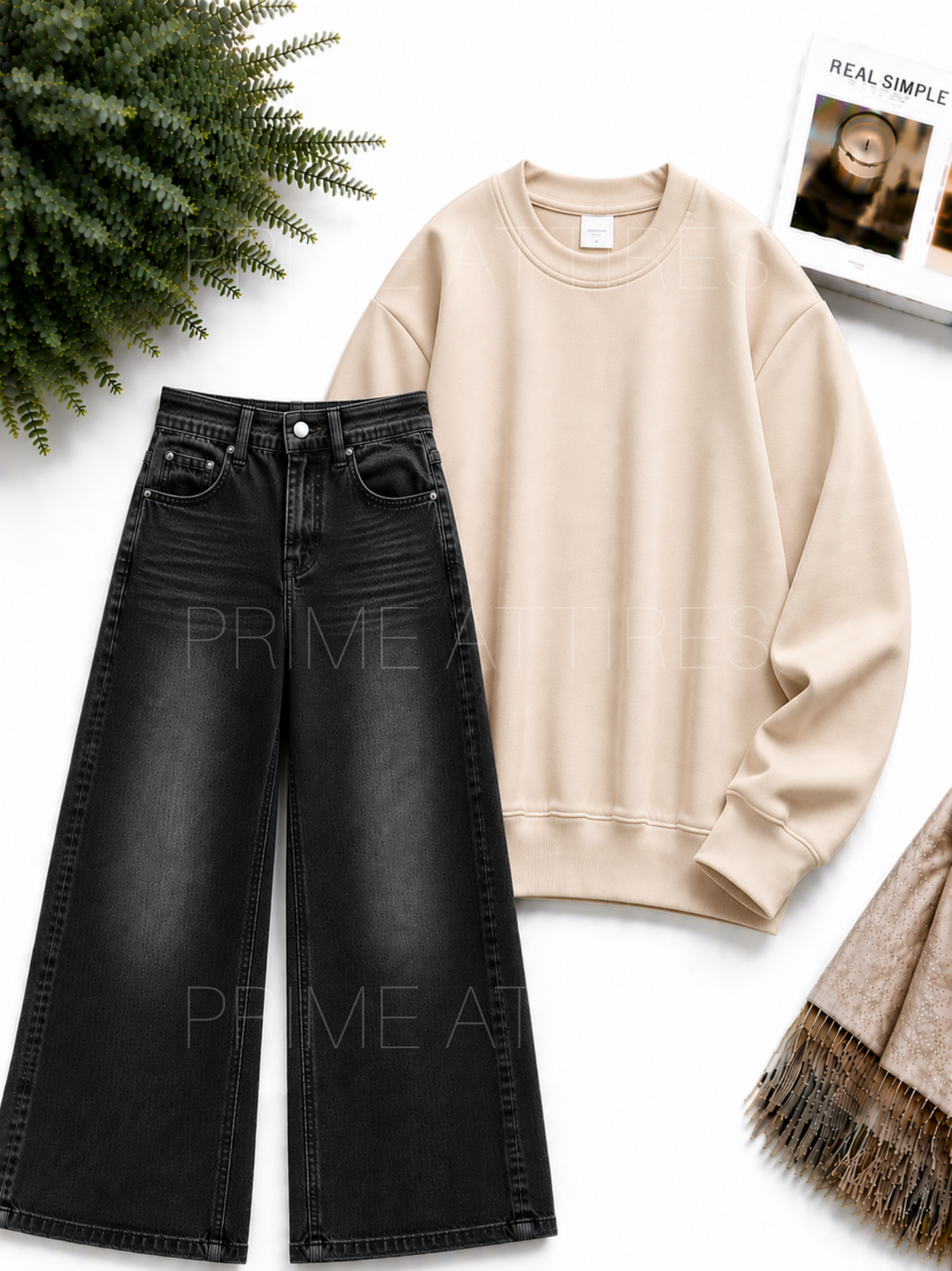 BLACK WASHED WIDE LEG JEANS & SWEATSHIRT