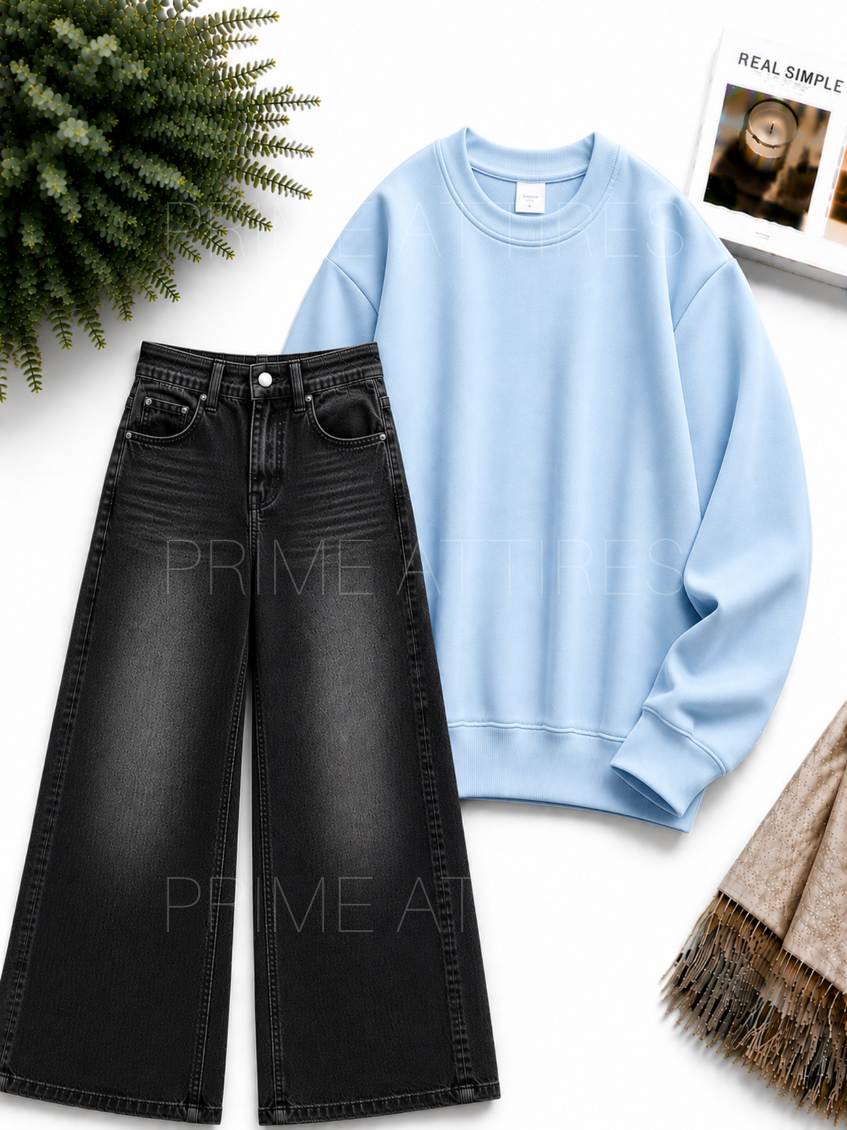 BLACK WASHED WIDE LEG JEANS & SWEATSHIRT
