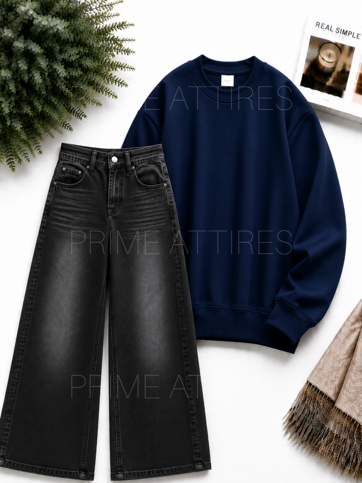 BLACK WASHED WIDE LEG JEANS & SWEATSHIRT