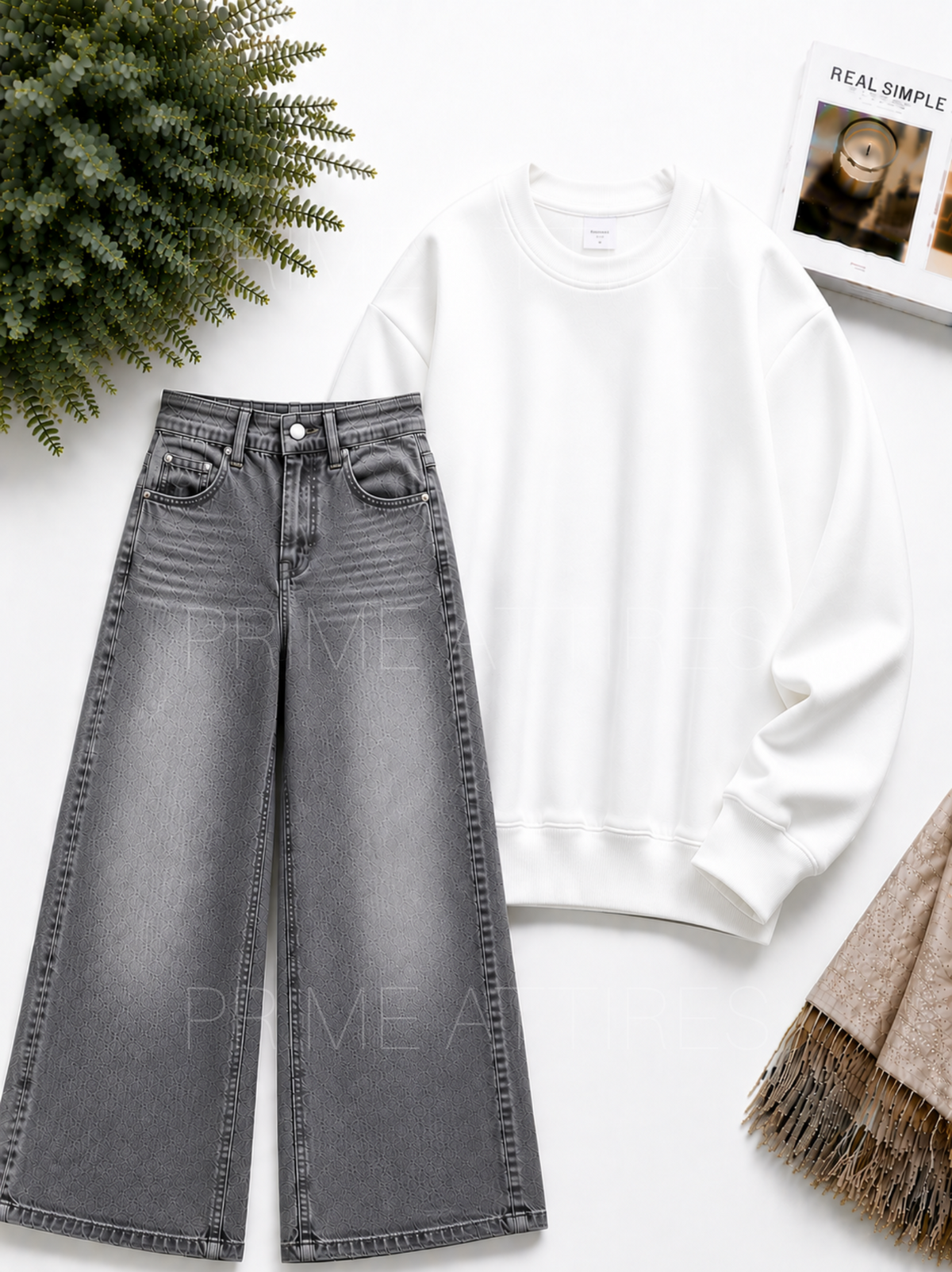 GREY WASHED WIDE LEG JEANS & SWEATSHIRT