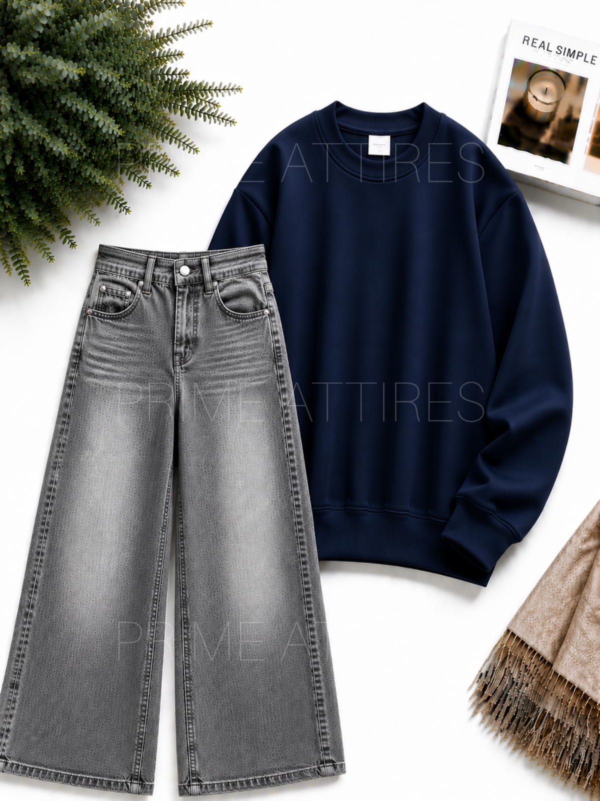 GREY WASHED WIDE LEG JEANS & SWEATSHIRT