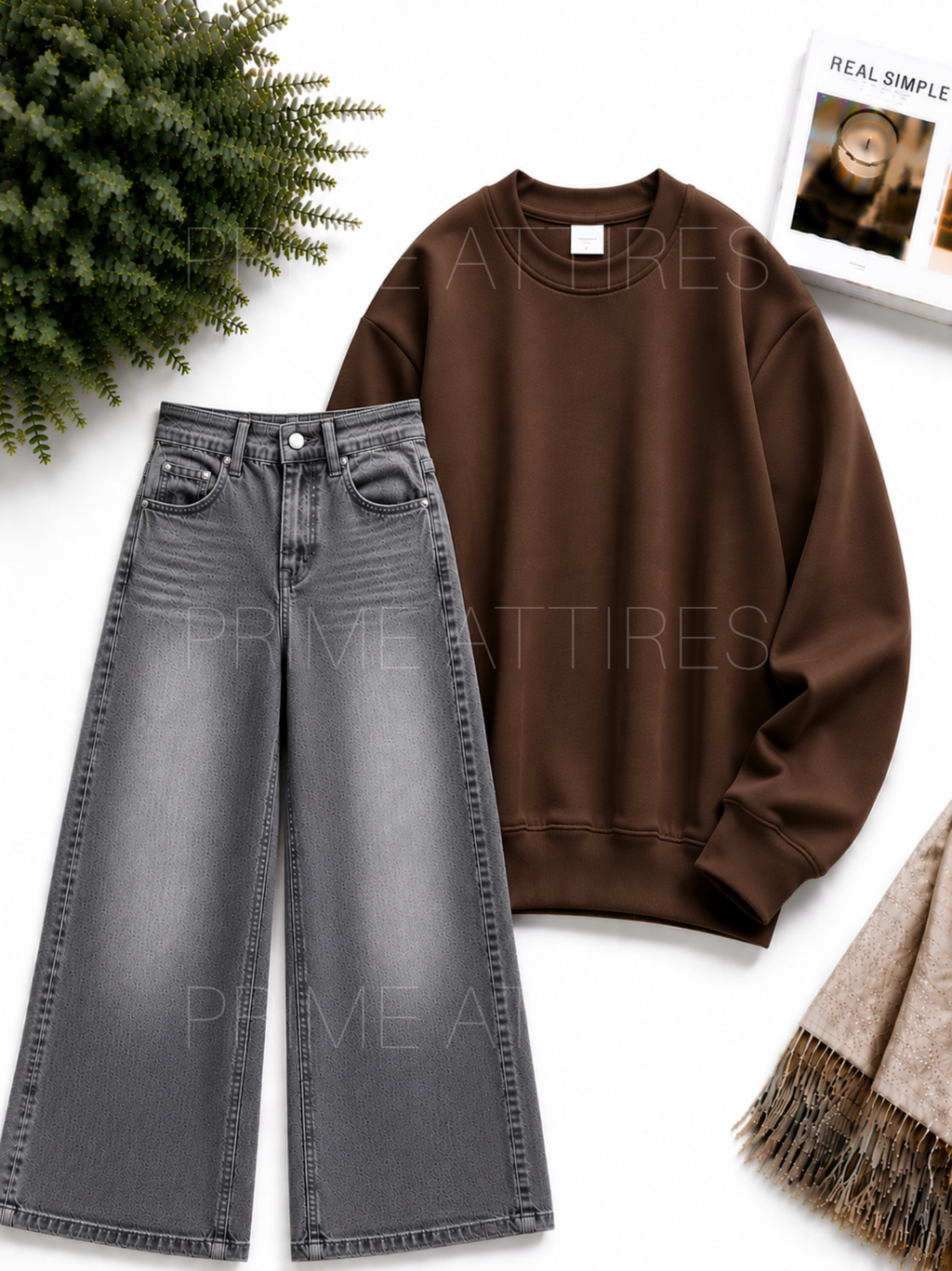 GREY WASHED WIDE LEG JEANS & SWEATSHIRT