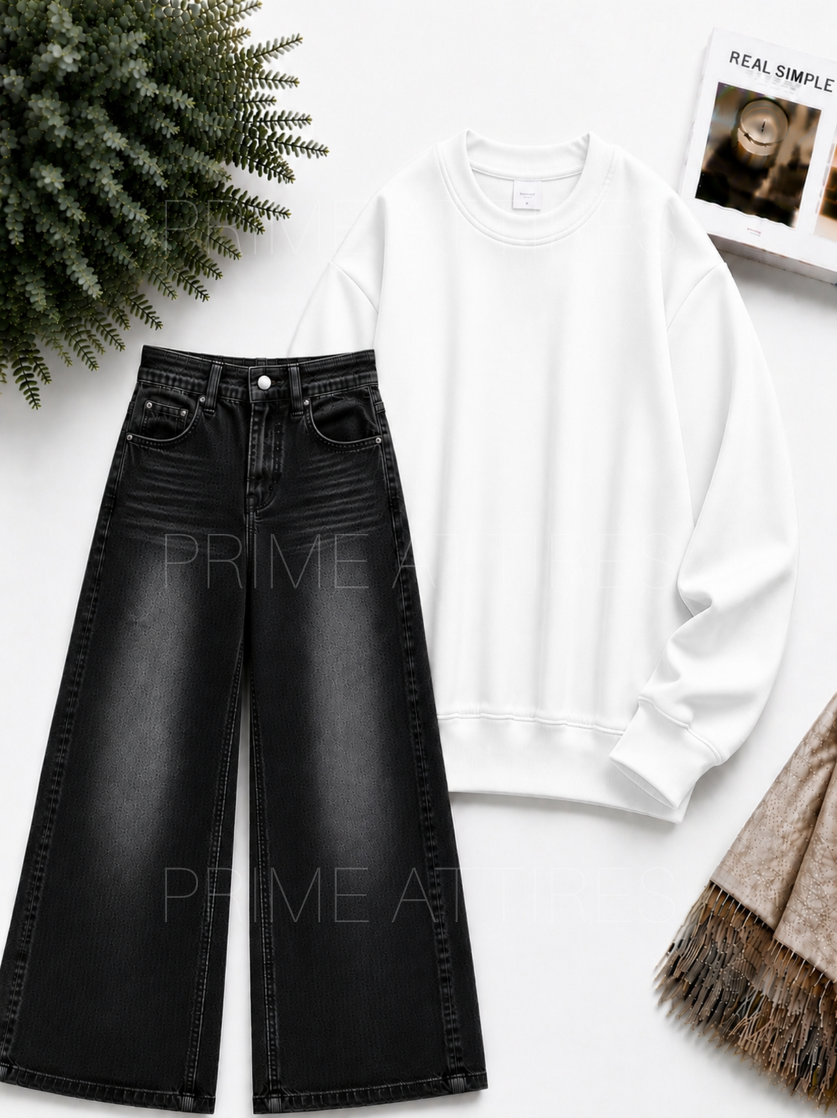 BLACK WASHED WIDE LEG JEANS & SWEATSHIRT