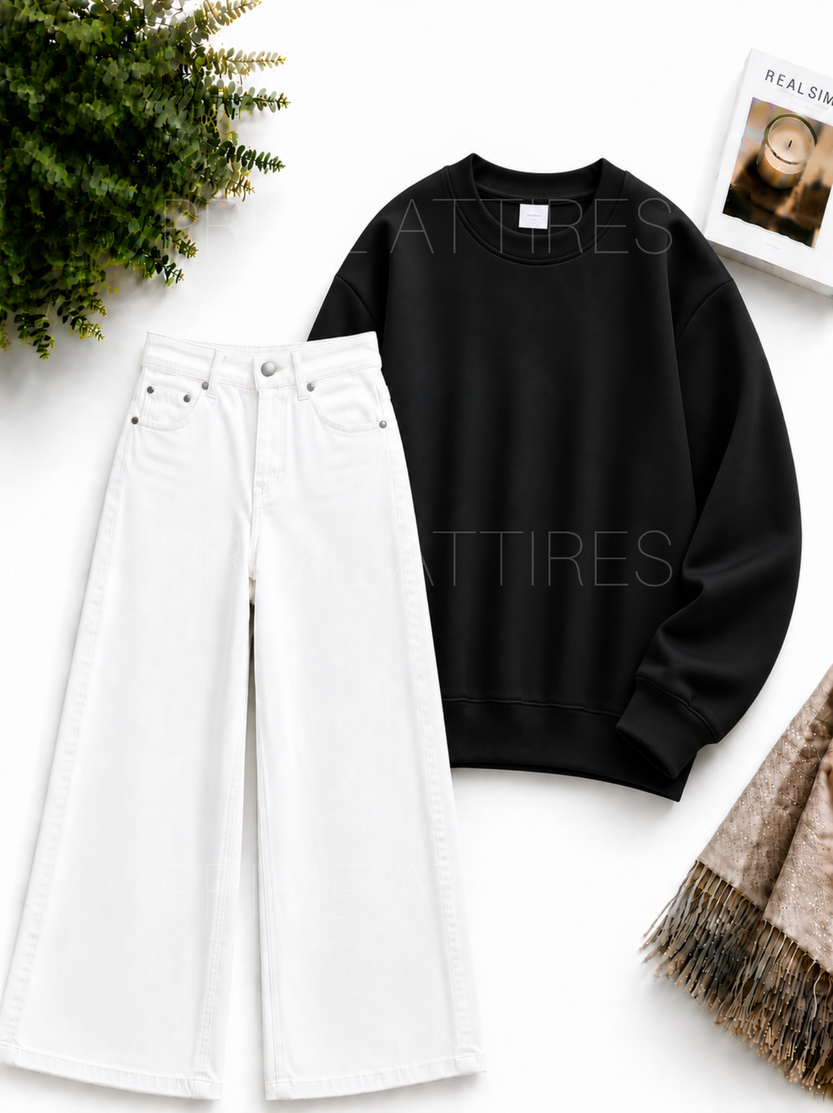 WHITE WIDE LEG JEANS & SWEATSHIRT