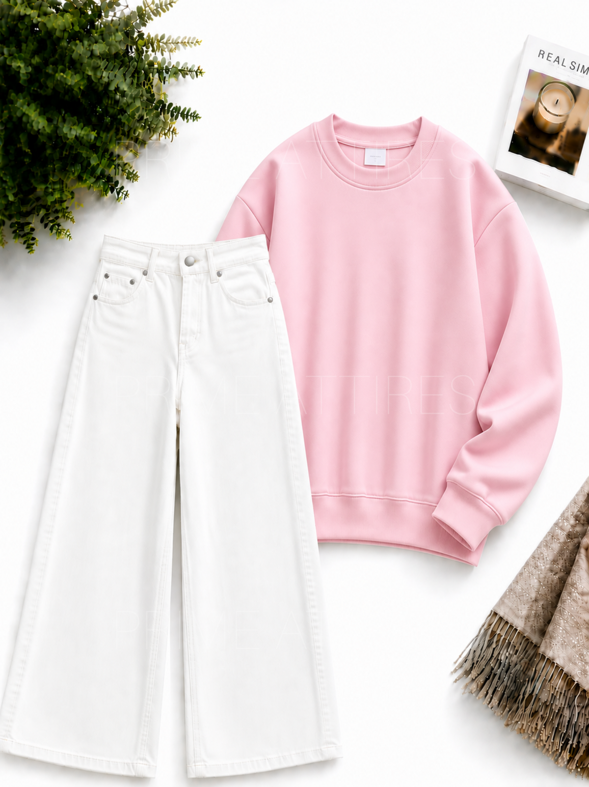 WHITE WIDE LEG JEANS & SWEATSHIRT