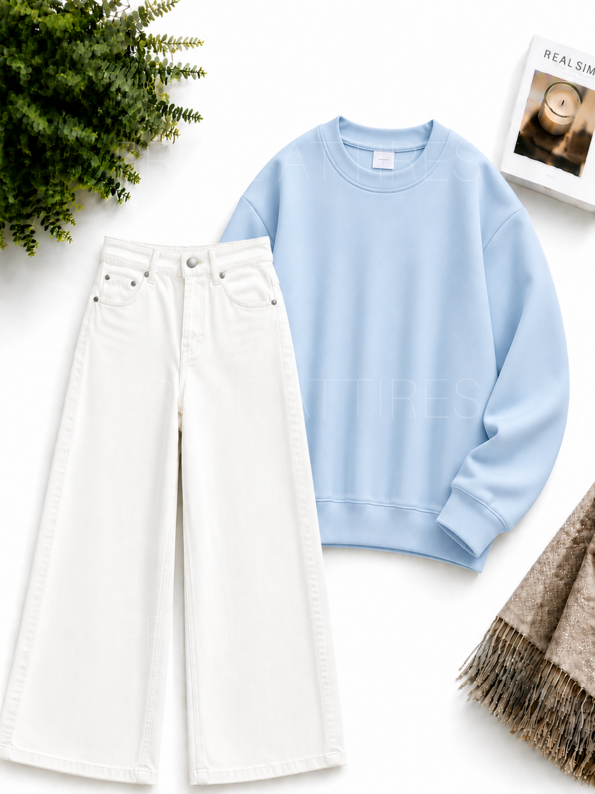 WHITE WIDE LEG JEANS & SWEATSHIRT