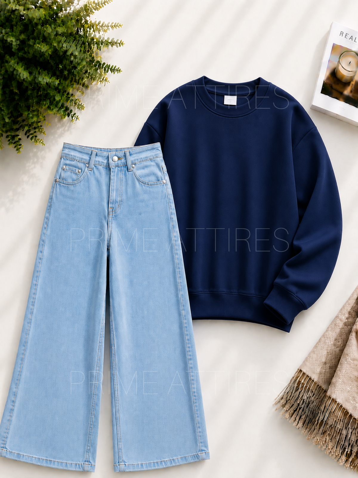 ICE BLUE WIDE LEG JEANS & SWEATSHIRT