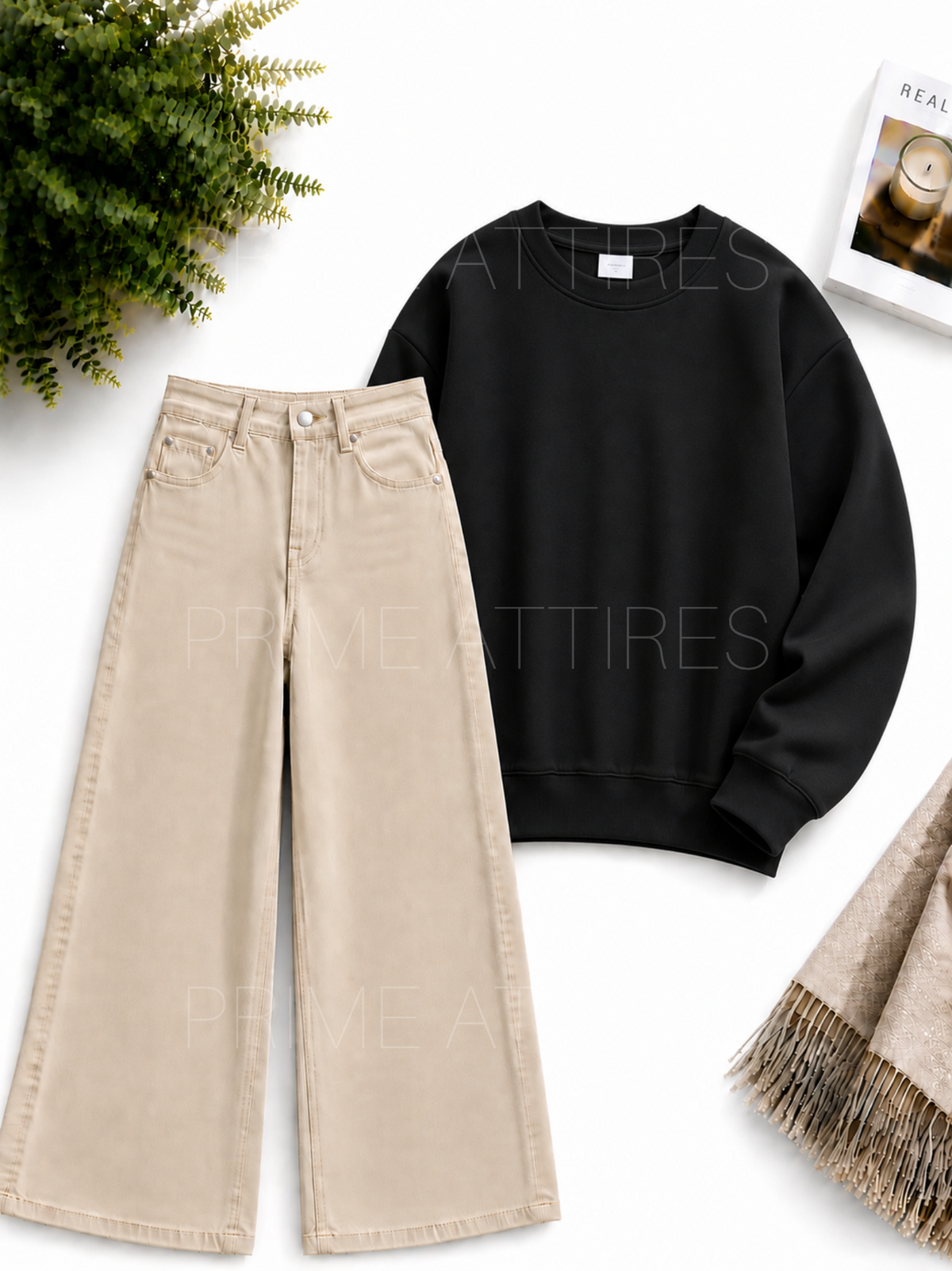 BEIGE WIDE LEG JEANS & SWEATSHIRT