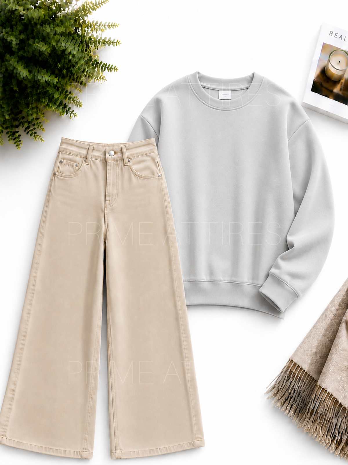 BEIGE WIDE LEG JEANS & SWEATSHIRT