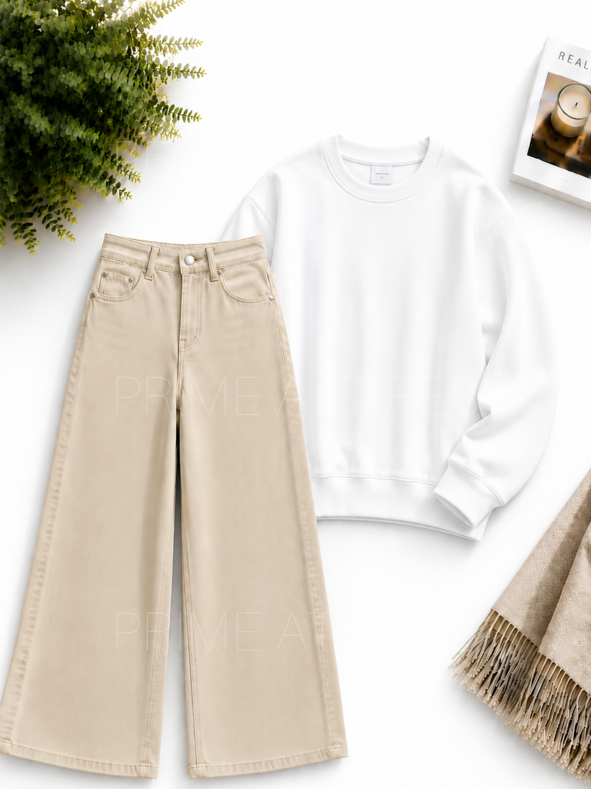BEIGE WIDE LEG JEANS & SWEATSHIRT