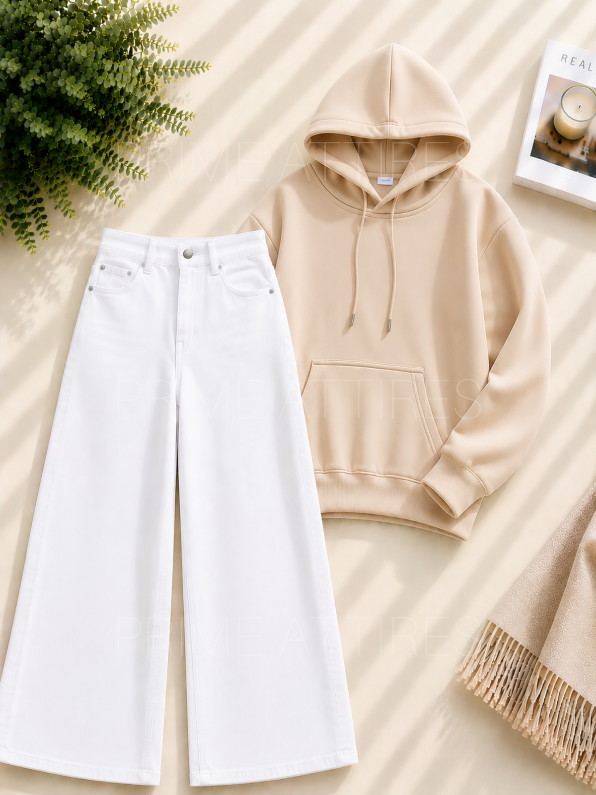 WHITE WIDE LEG JEANS & HOODIE