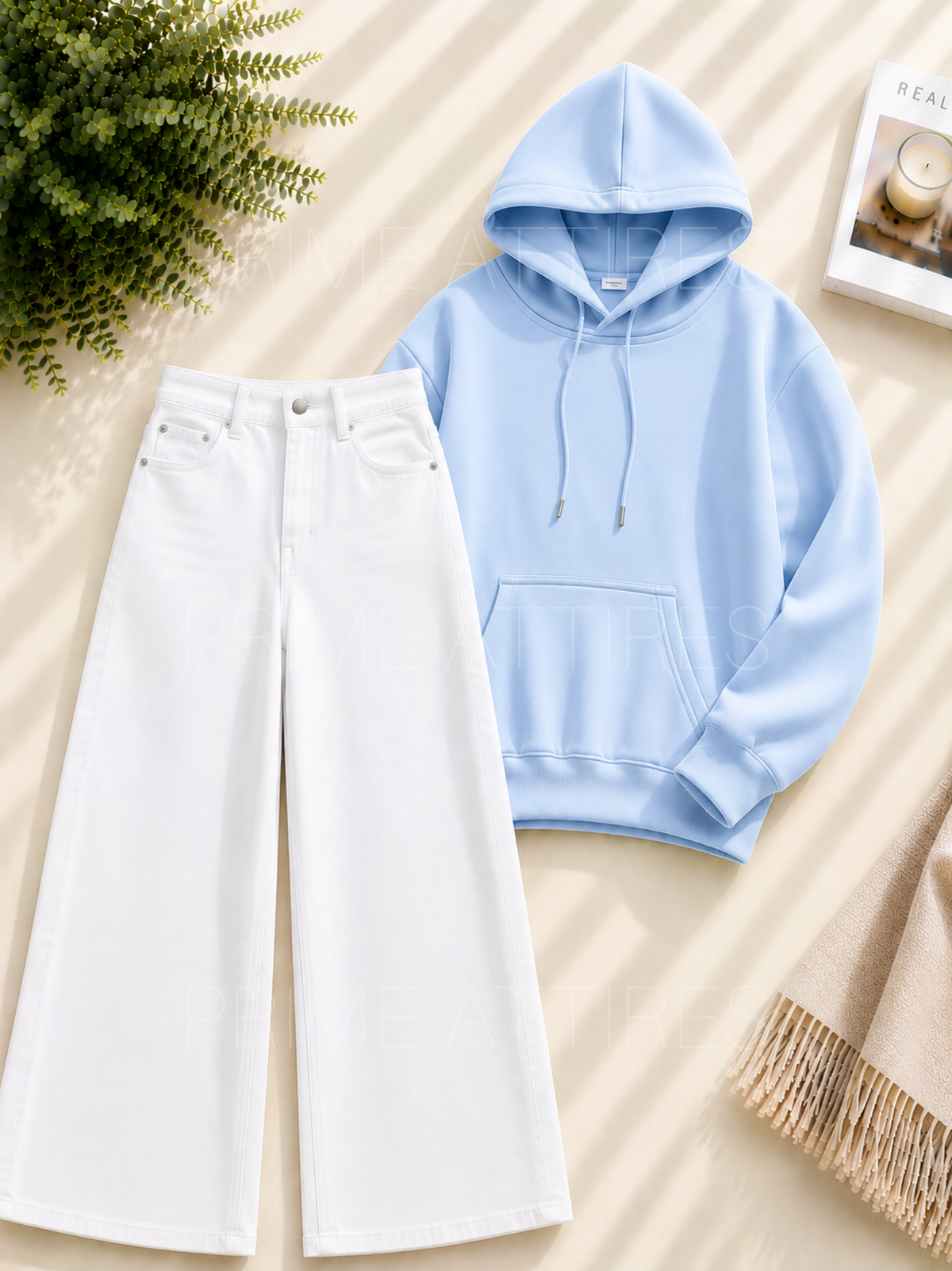 WHITE WIDE LEG JEANS & HOODIE