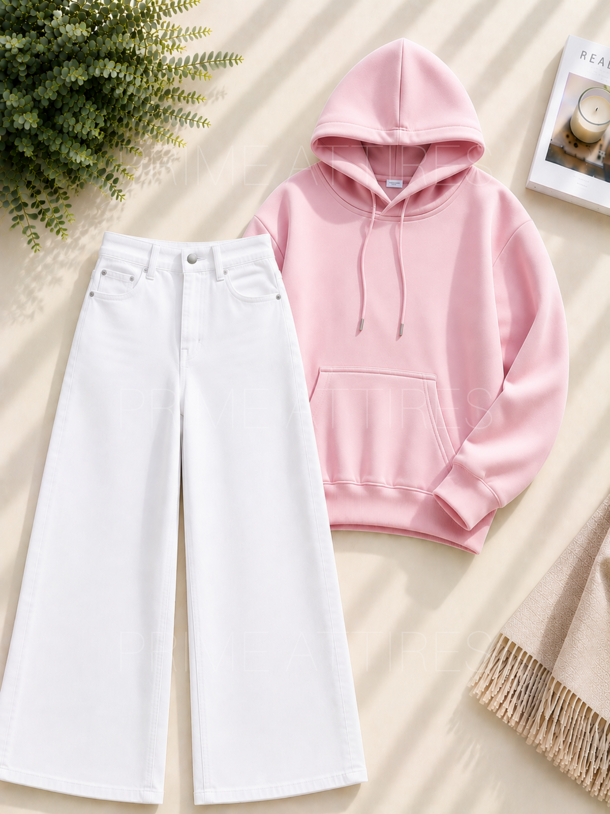 WHITE WIDE LEG JEANS & HOODIE