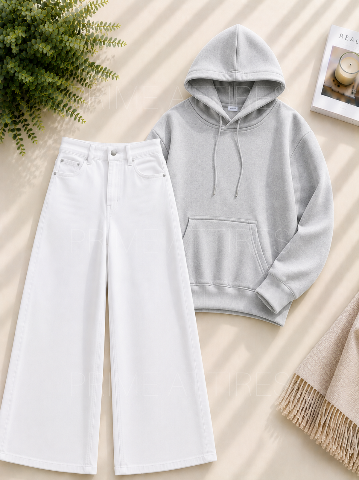 WHITE WIDE LEG JEANS & HOODIE