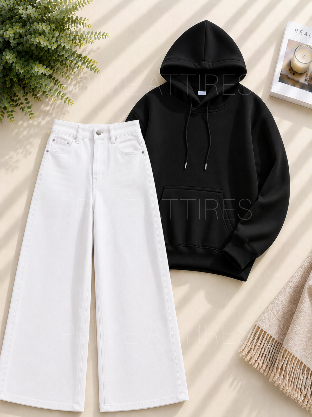 WHITE WIDE LEG JEANS & HOODIE