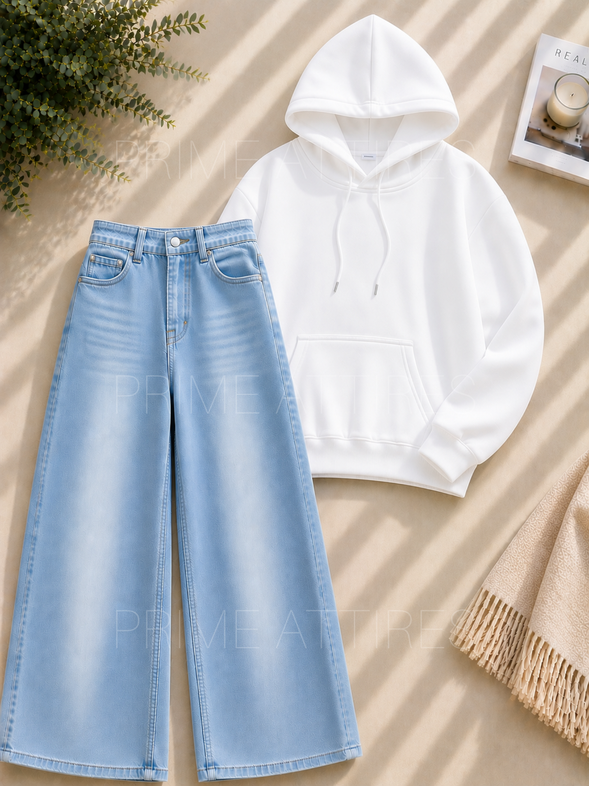ICE BLUE WASHED WIDE LEG JEANS & HOODIE