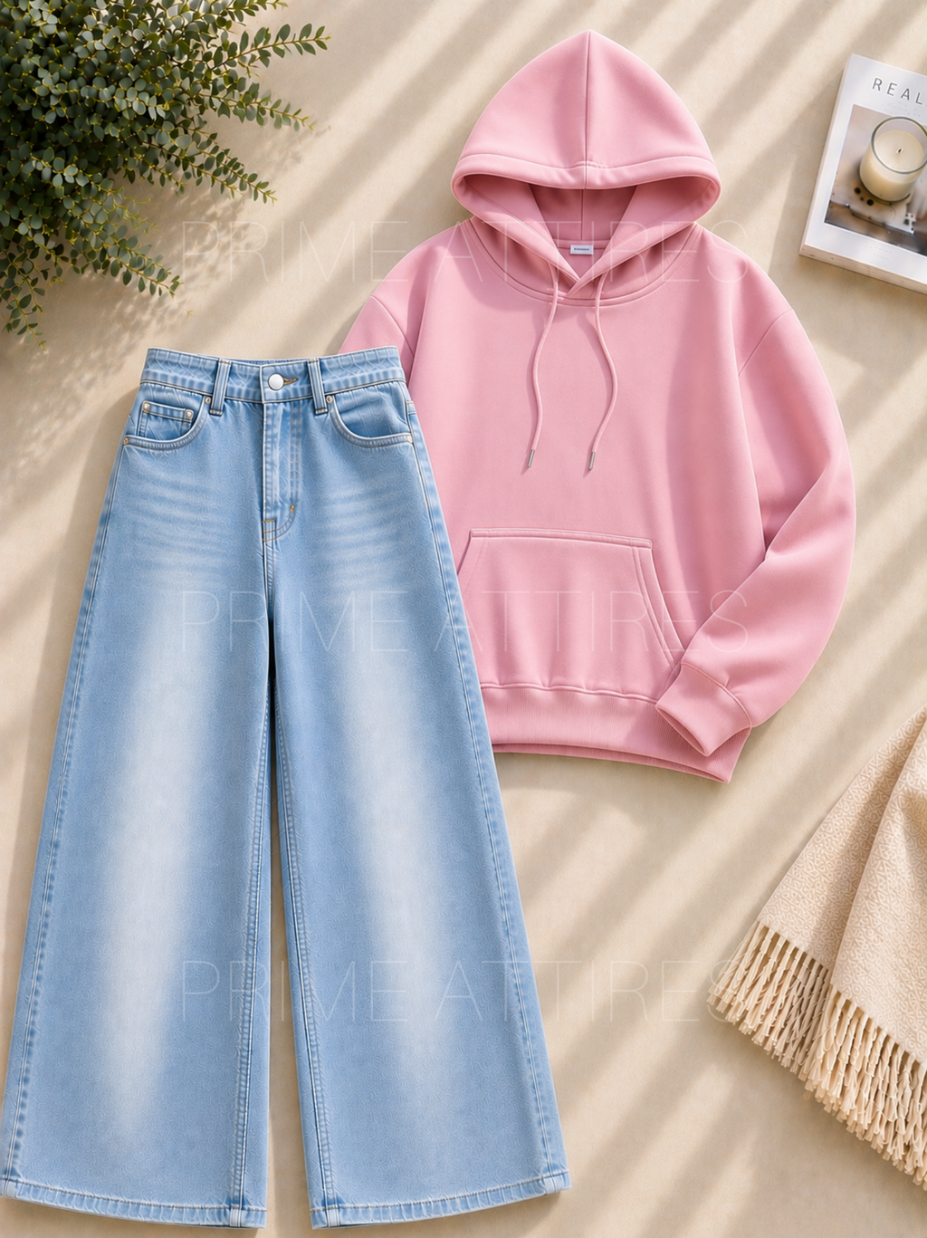 ICE BLUE WASHED WIDE LEG JEANS & HOODIE