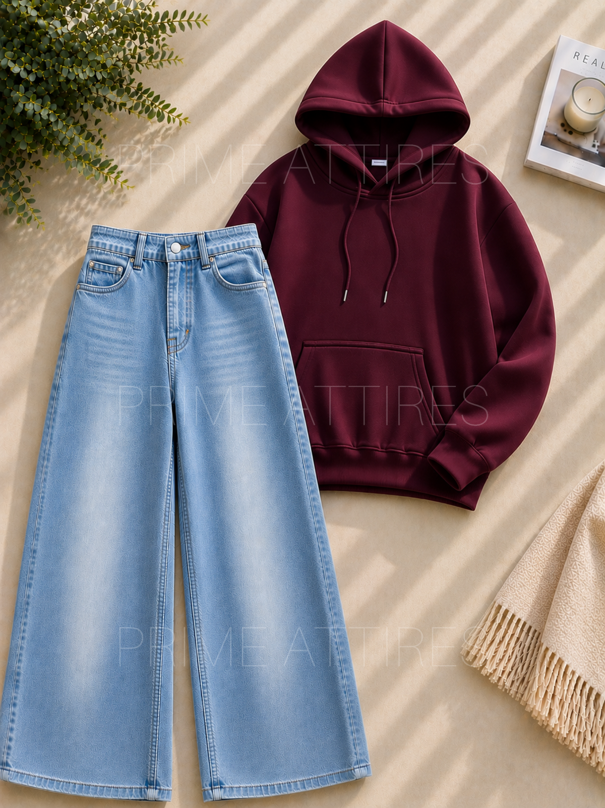 ICE BLUE WASHED WIDE LEG JEANS & HOODIE