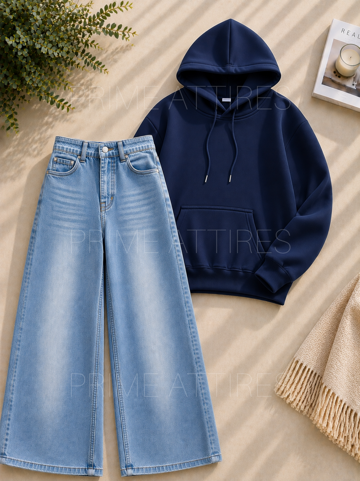 ICE BLUE WASHED WIDE LEG JEANS & HOODIE