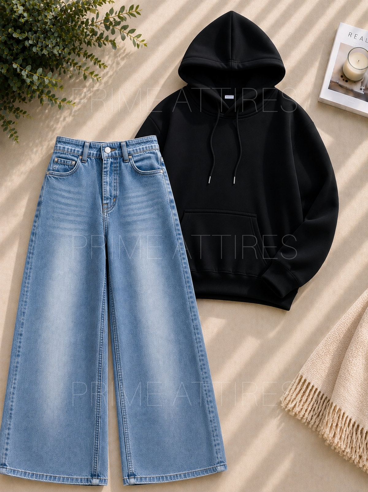 ICE BLUE WASHED WIDE LEG JEANS & HOODIE