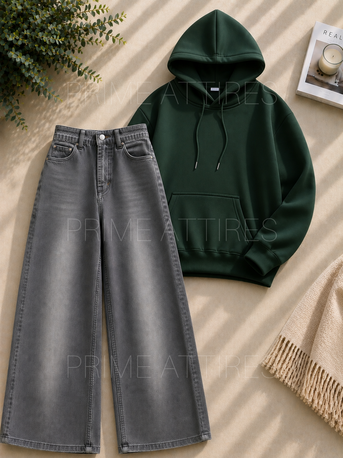 GREY WASHED WIDE LEG JEANS & HOODIE