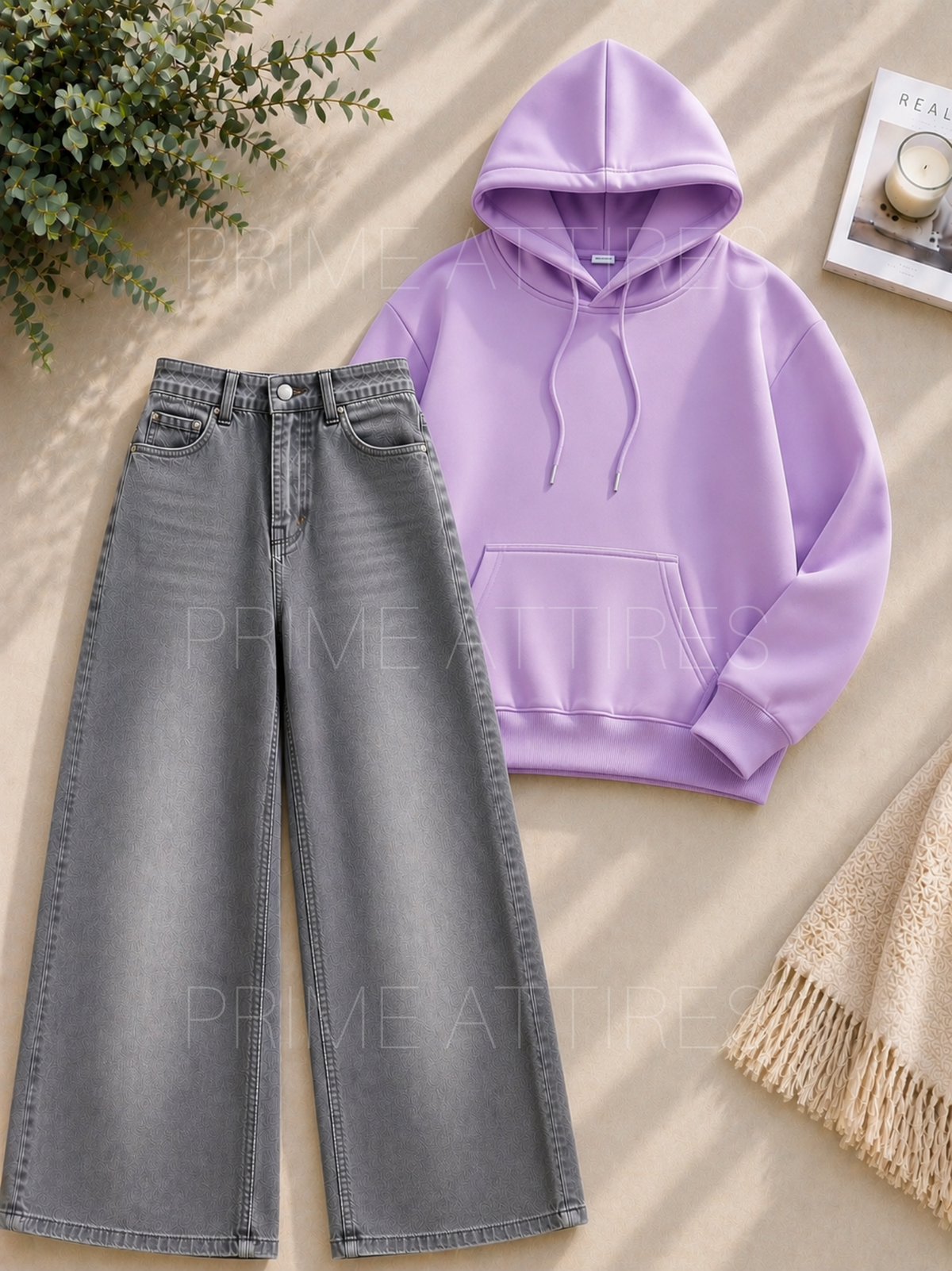 GREY WASHED WIDE LEG JEANS & HOODIE