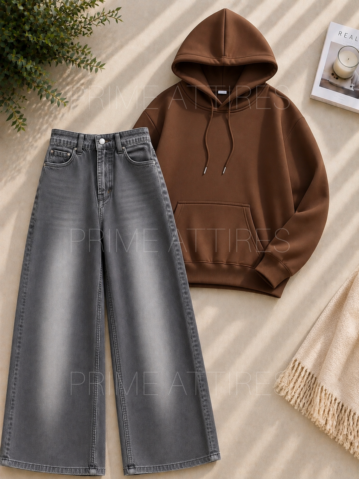 GREY WASHED WIDE LEG JEANS & HOODIE
