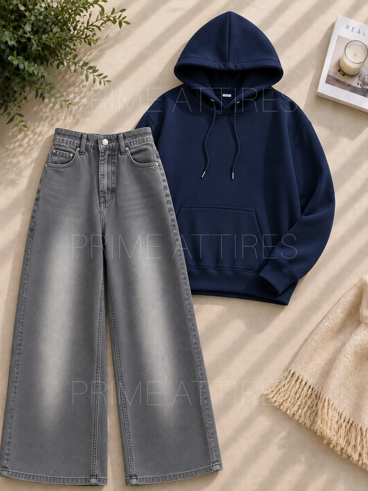 GREY WASHED WIDE LEG JEANS & HOODIE